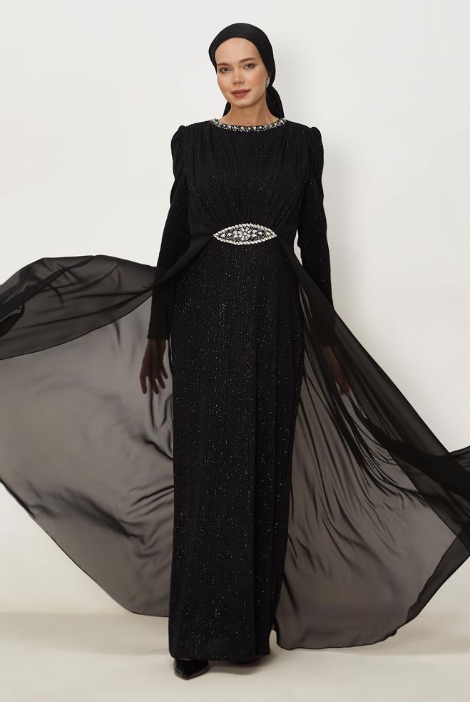 Vêtements hijab NOIR ROBE DE SOIRÉE DÉTAILLÉE DE GEMMES 50553 - ALVİNA