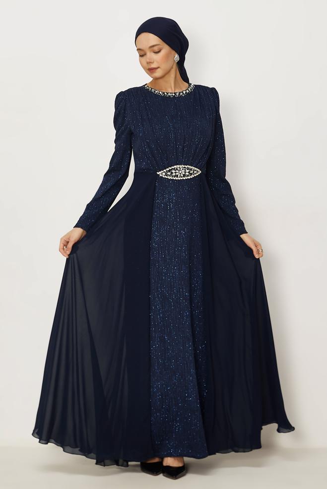 Vêtements hijab BLEU MARINE ROBE DE SOIRÉE DÉTAILLÉE DE GEMMES 50553 - ALVİNA
