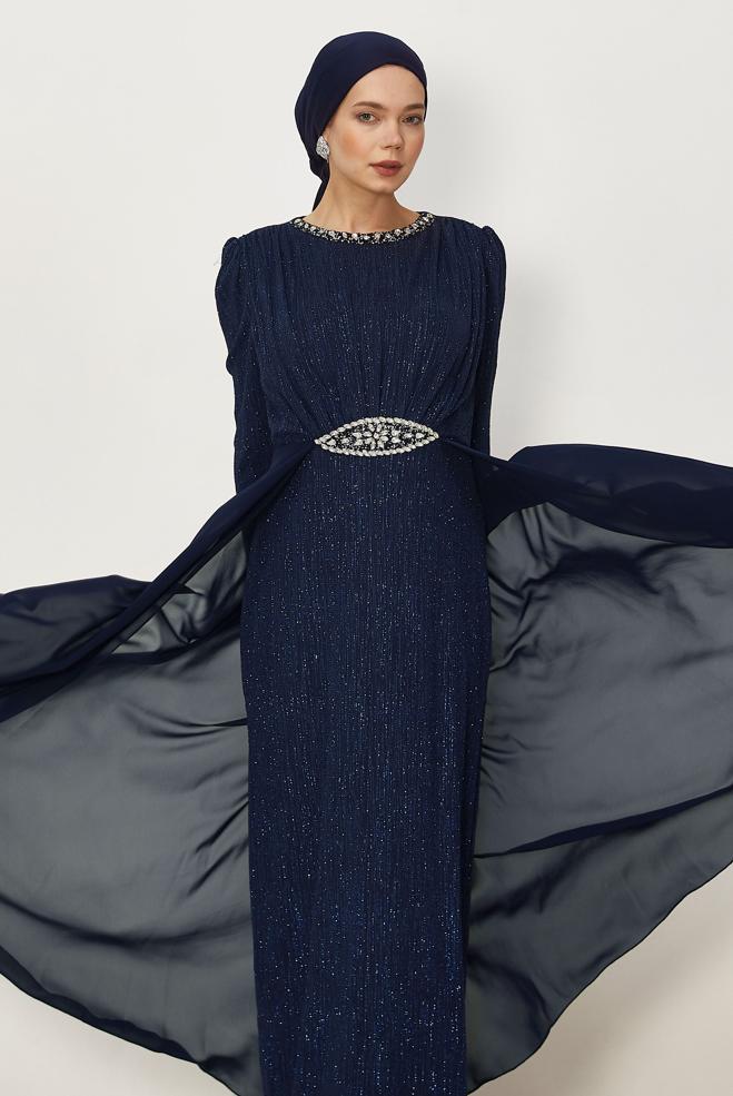 Vêtements hijab BLEU MARINE ROBE DE SOIRÉE DÉTAILLÉE DE GEMMES 50553 - ALVİNA