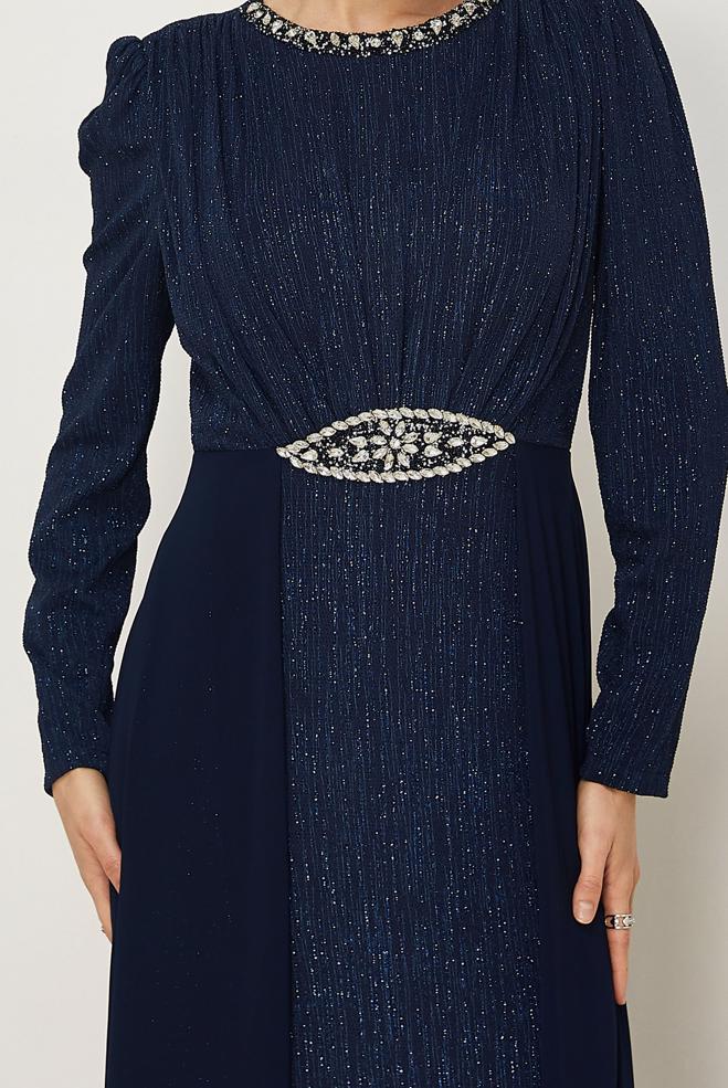 Vêtements hijab BLEU MARINE ROBE DE SOIRÉE DÉTAILLÉE DE GEMMES 50553 - ALVİNA