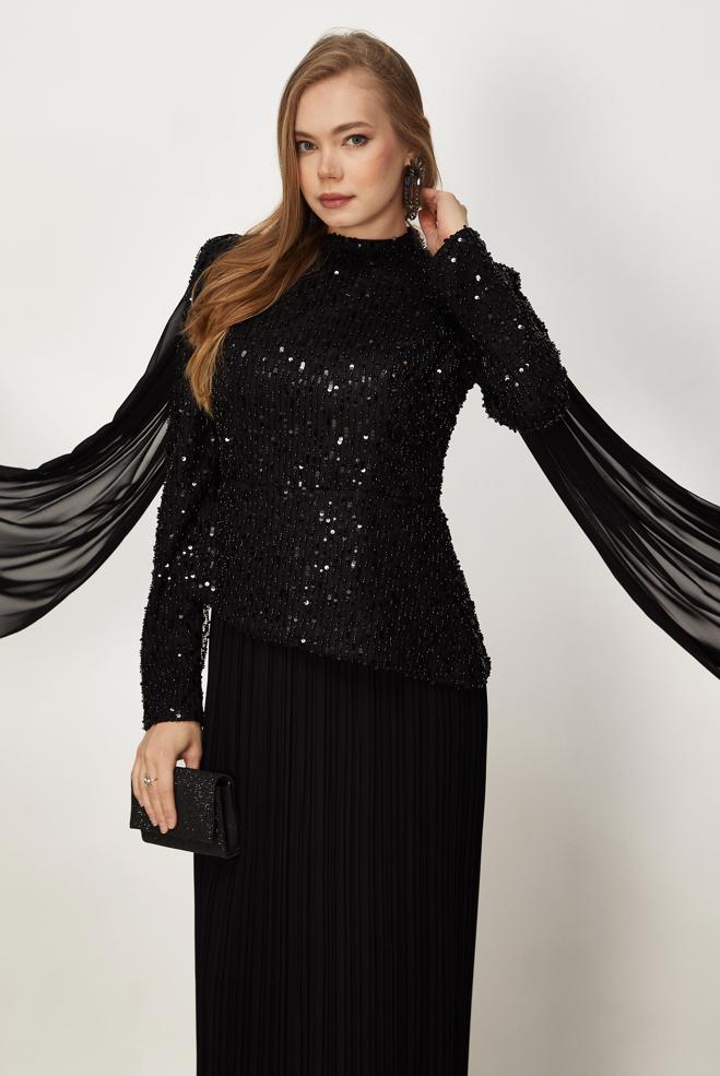 Hijab-Kleidung SCHWARZ CAPE DETAILLIERTES ABENDKLEID 50554 - ALVİNA