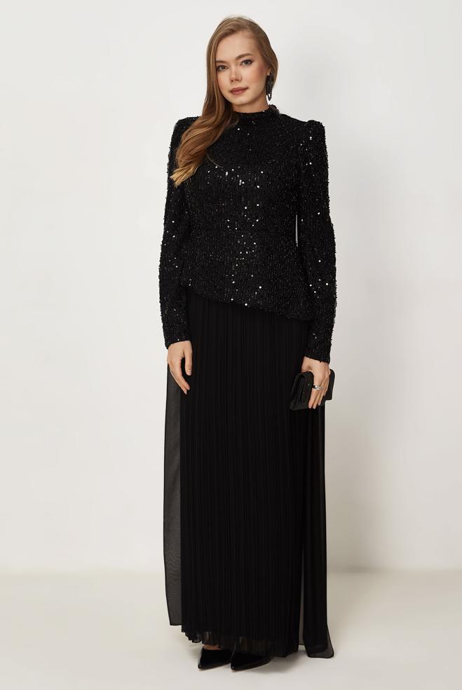 Hijab-Kleidung SCHWARZ CAPE DETAILLIERTES ABENDKLEID 50554 - ALVİNA