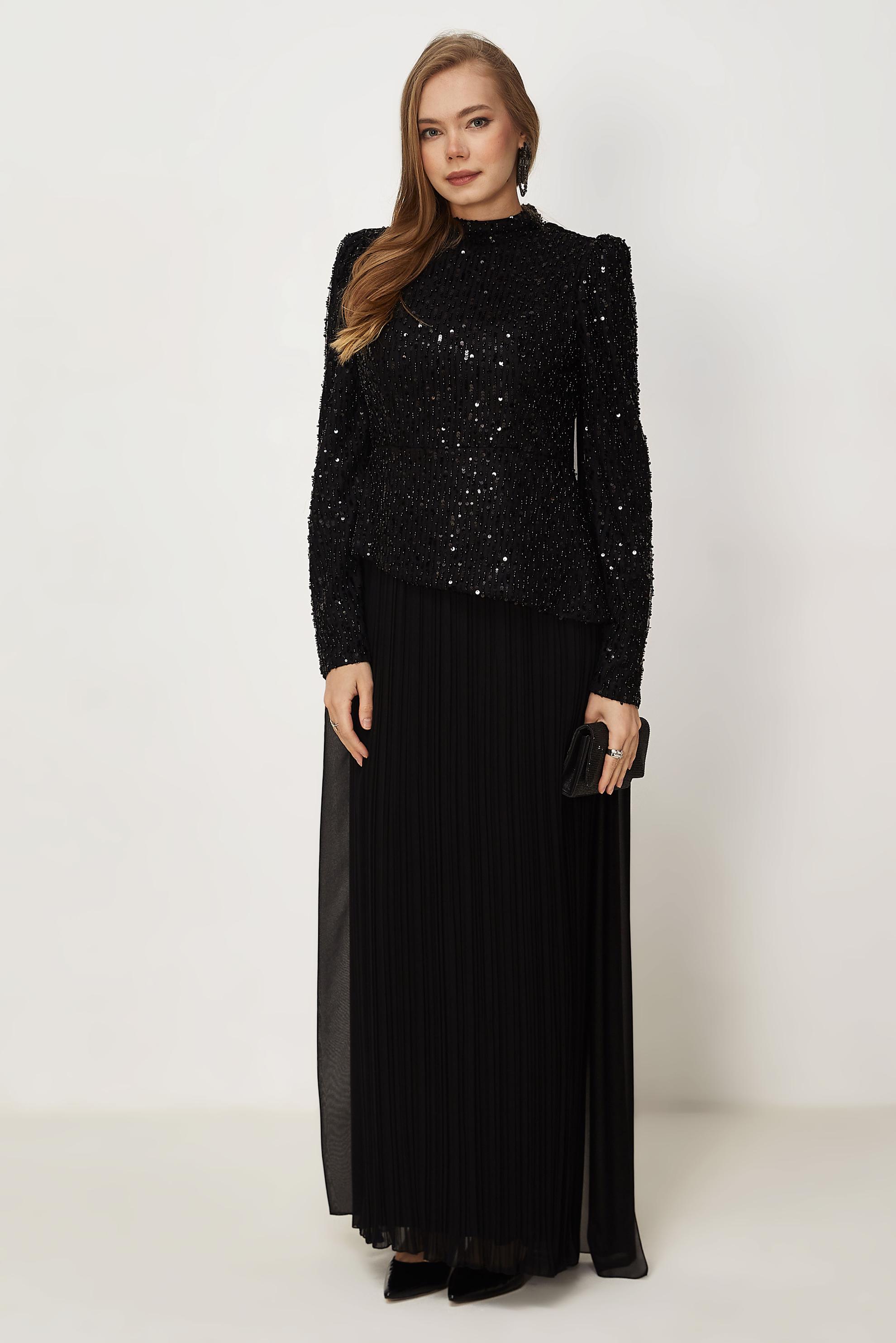 Hijab-Kleidung SCHWARZ CAPE DETAILLIERTES ABENDKLEID 50554