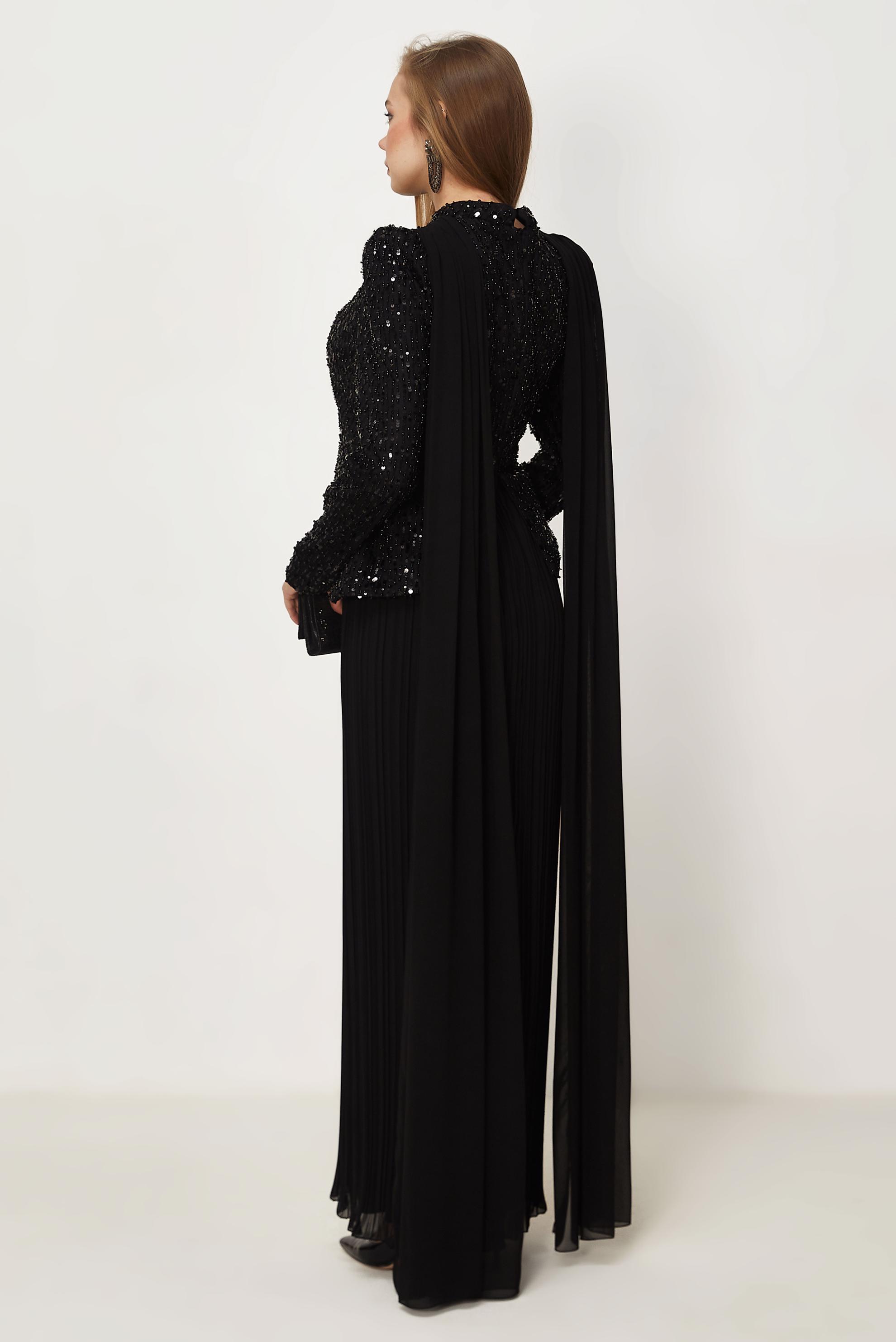 Hijab-Kleidung SCHWARZ CAPE DETAILLIERTES ABENDKLEID 50554