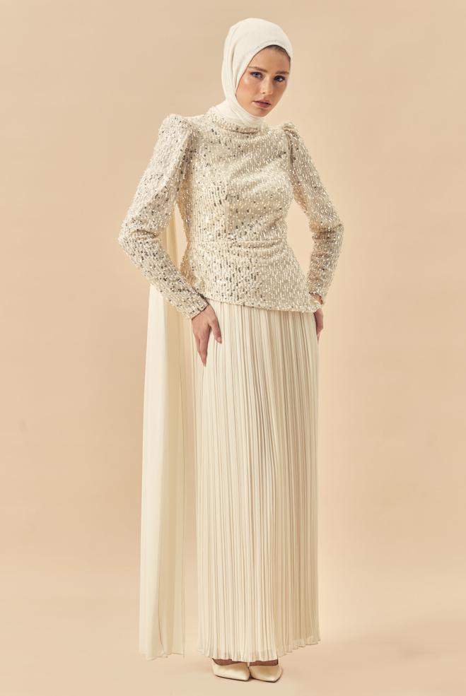 Hijab-Kleidung ECRU CAPE DETAILLIERTES ABENDKLEID 50554 - ALVİNA