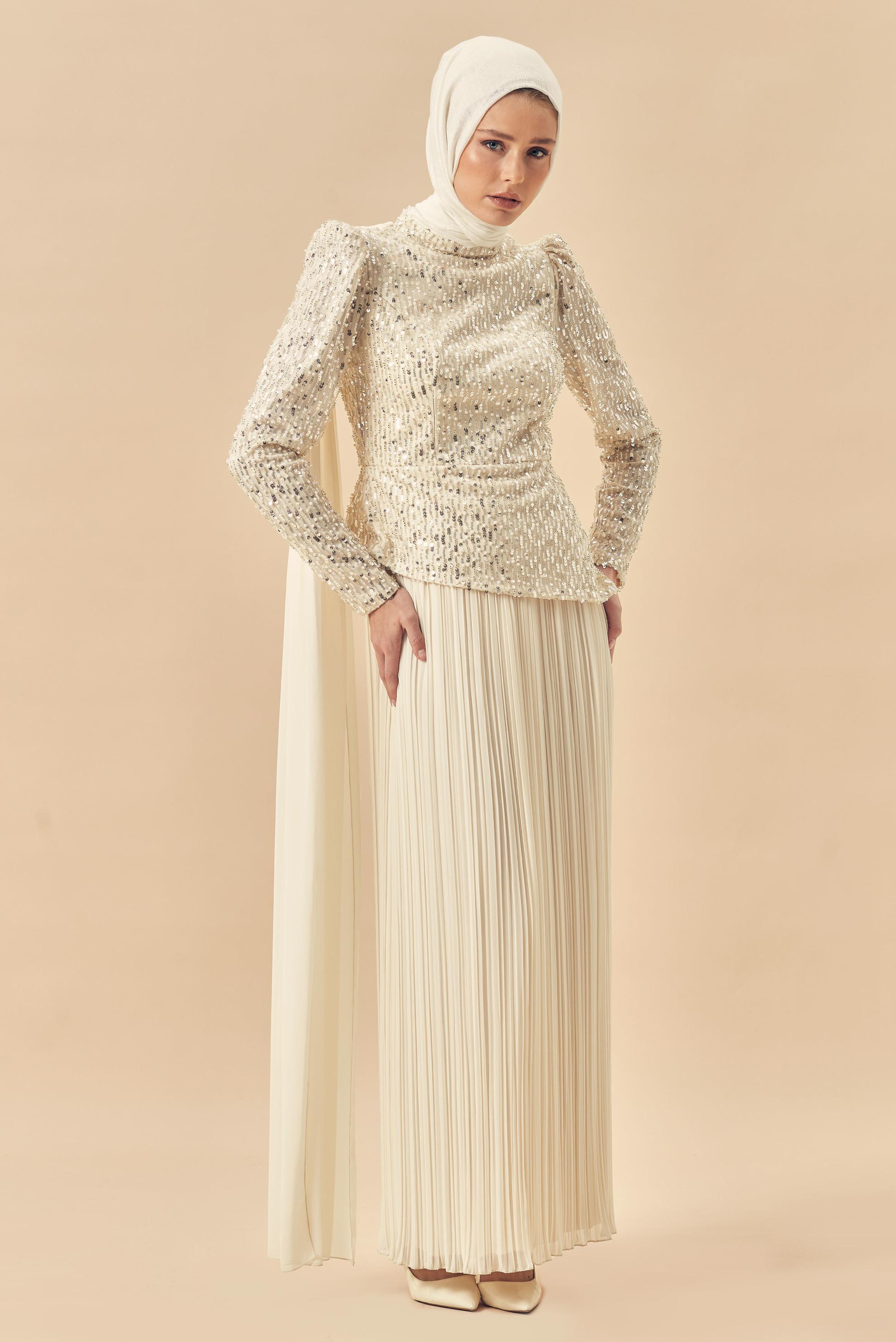 Hijab-Kleidung ECRU CAPE DETAILLIERTES ABENDKLEID 50554