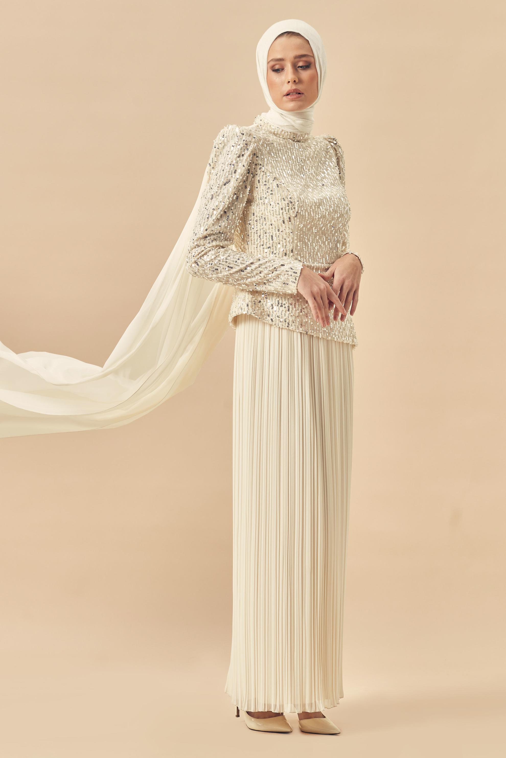 Hijab-Kleidung ECRU CAPE DETAILLIERTES ABENDKLEID 50554