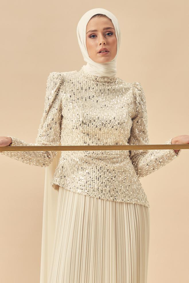 Hijab-Kleidung ECRU CAPE DETAILLIERTES ABENDKLEID 50554 - ALVİNA