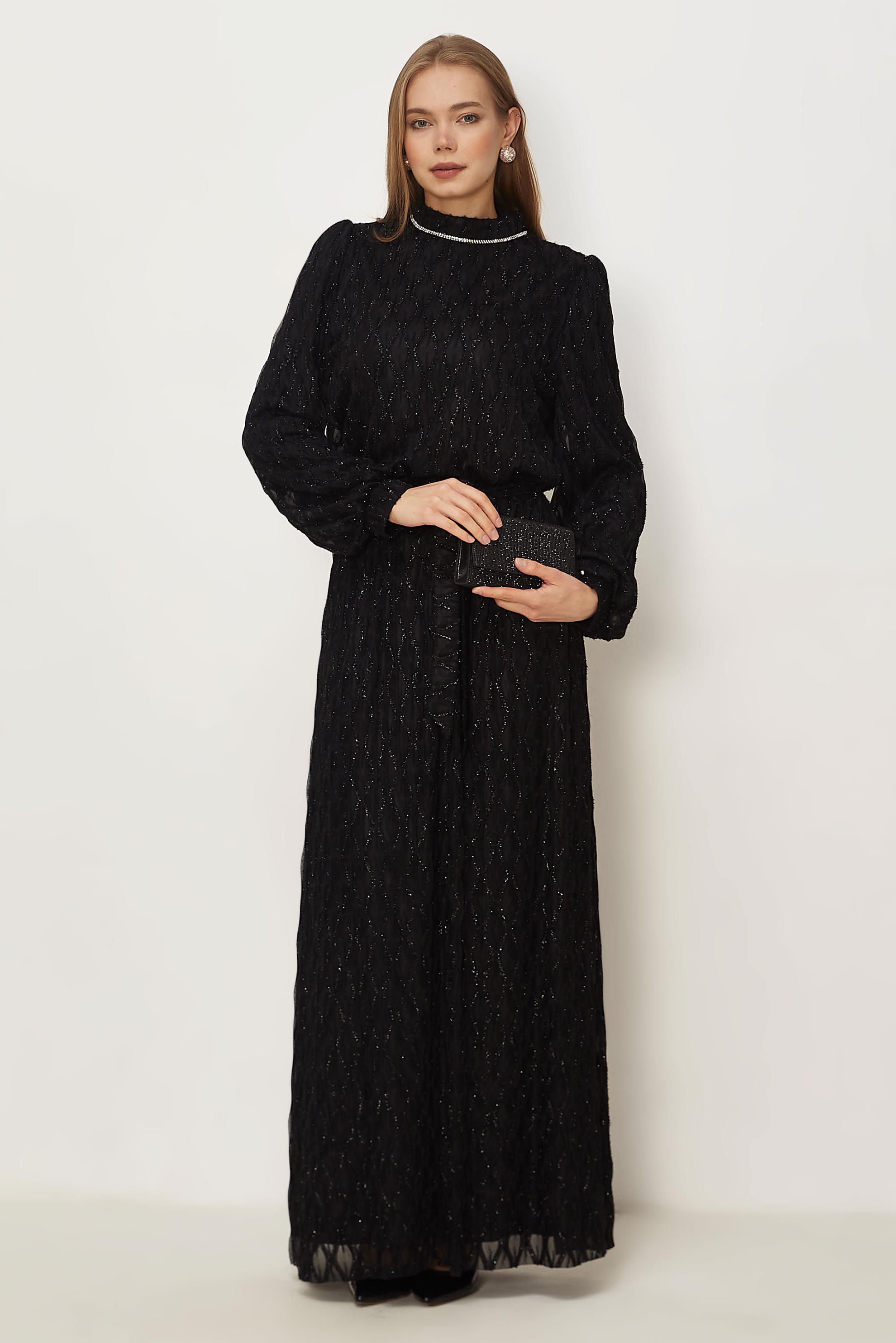 Hijab clothing BLACK BELTED LACE EVENING DRESS 50556