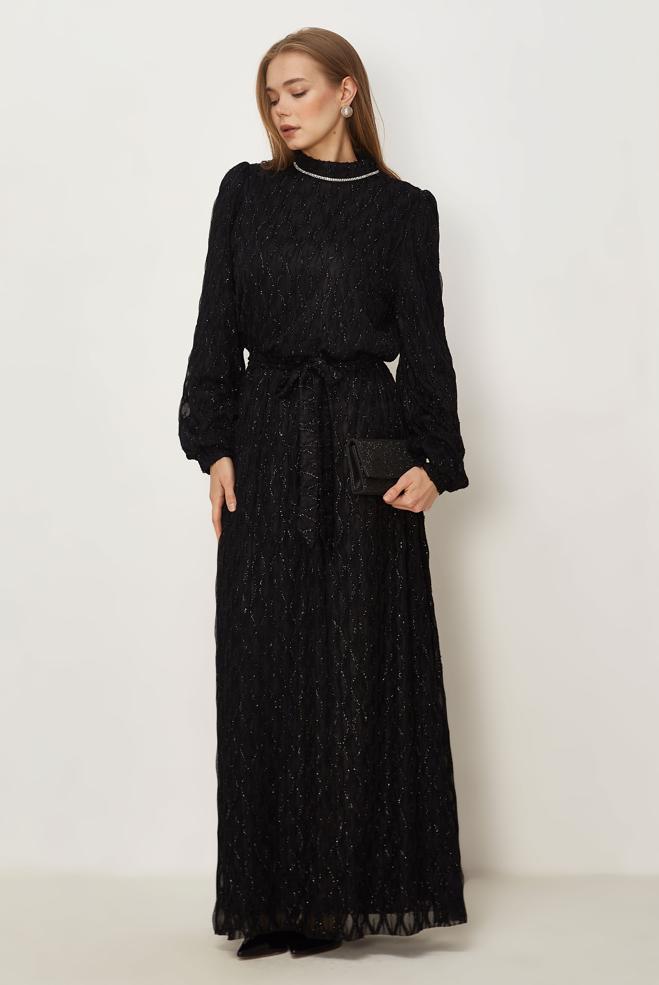 Vêtements hijab NOIR ROBE DE SOIRÉE EN DENTELLE CEINTURÉE 50556 - ALVİNA