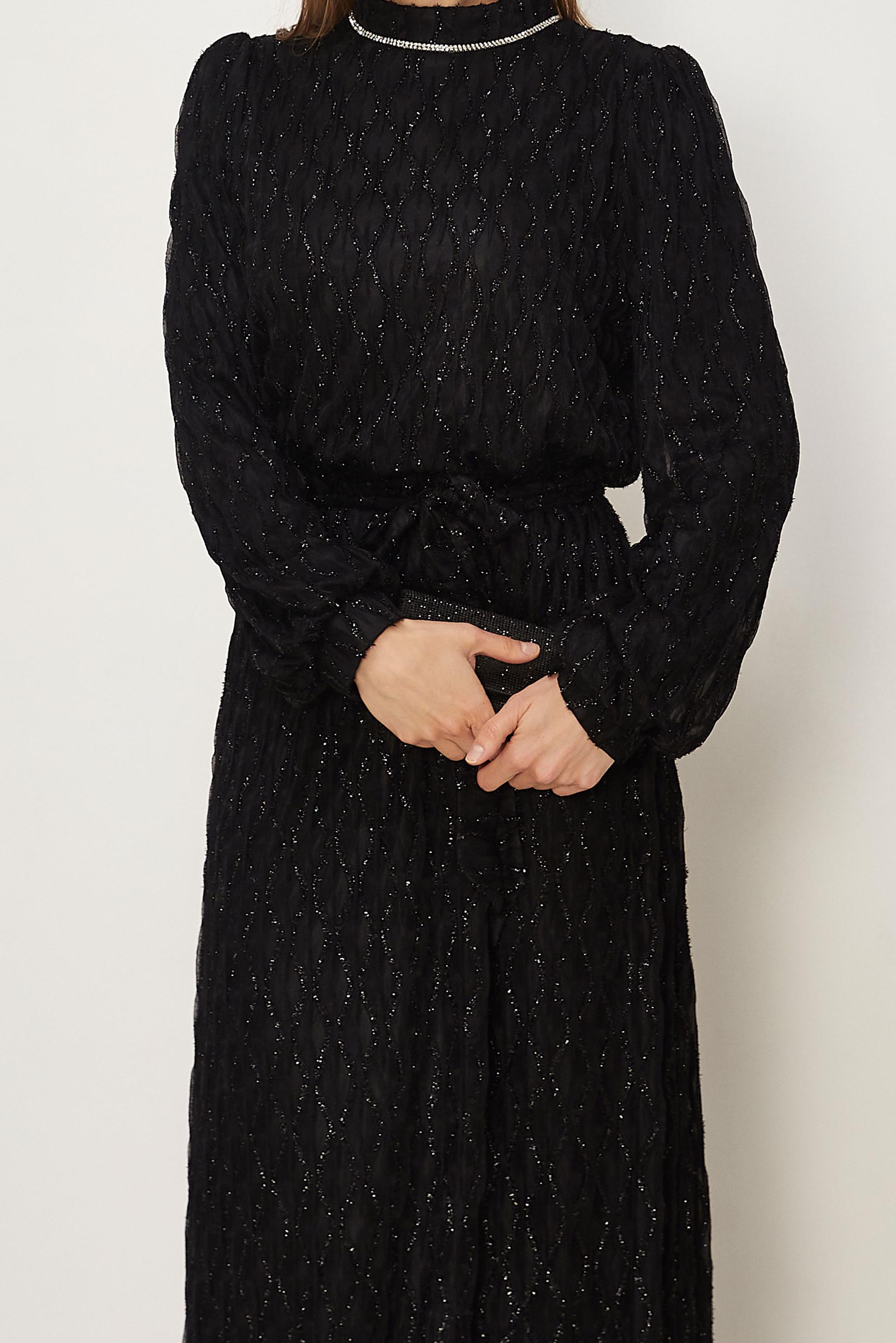 Hijab clothing BLACK BELTED LACE EVENING DRESS 50556