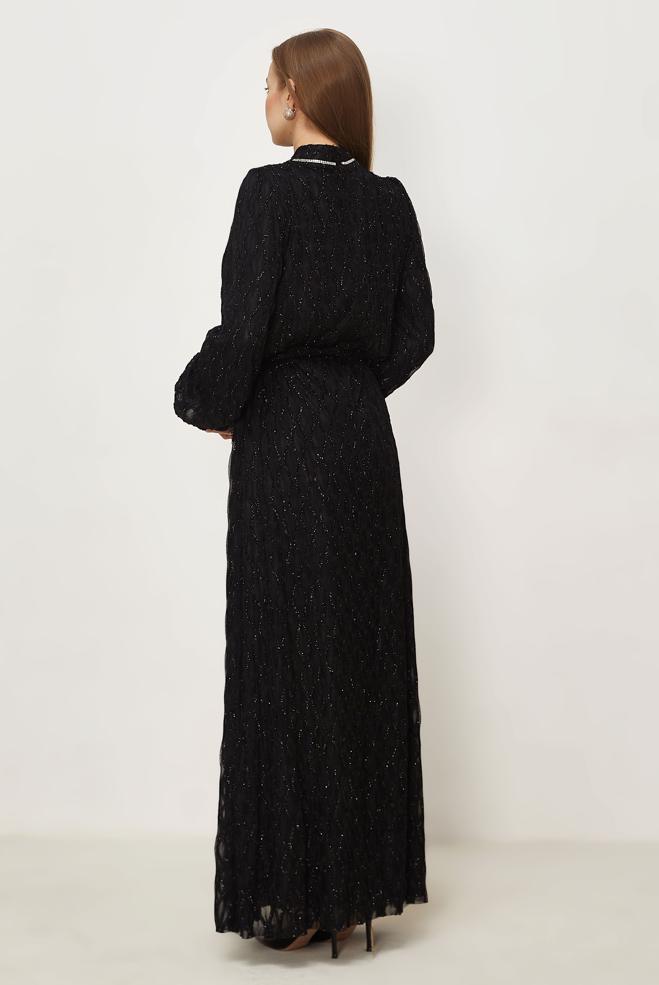 Vêtements hijab NOIR ROBE DE SOIRÉE EN DENTELLE CEINTURÉE 50556 - ALVİNA