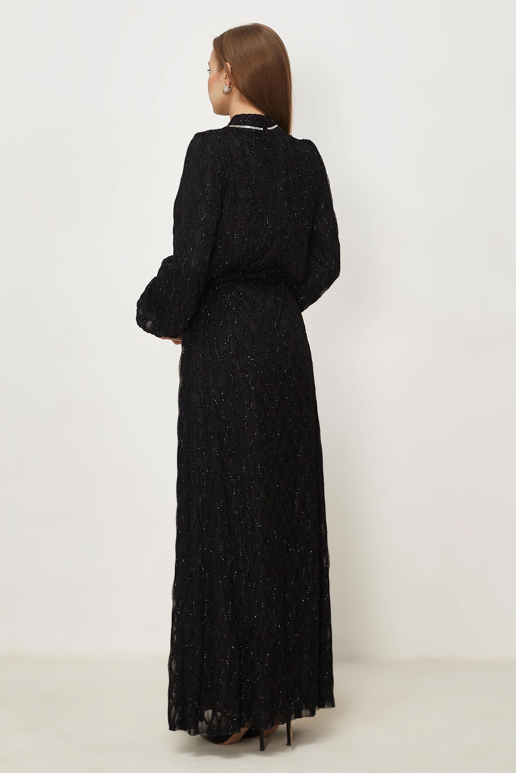 Hijab clothing BLACK BELTED LACE EVENING DRESS 50556