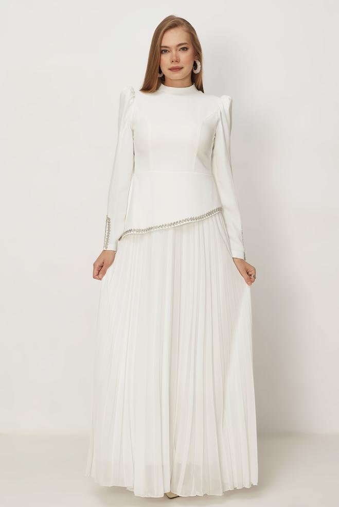 Hijab-Kleidung WEISS ABENDKLEID MIT EDELSTEINDETAILS 50558 - ALVİNA