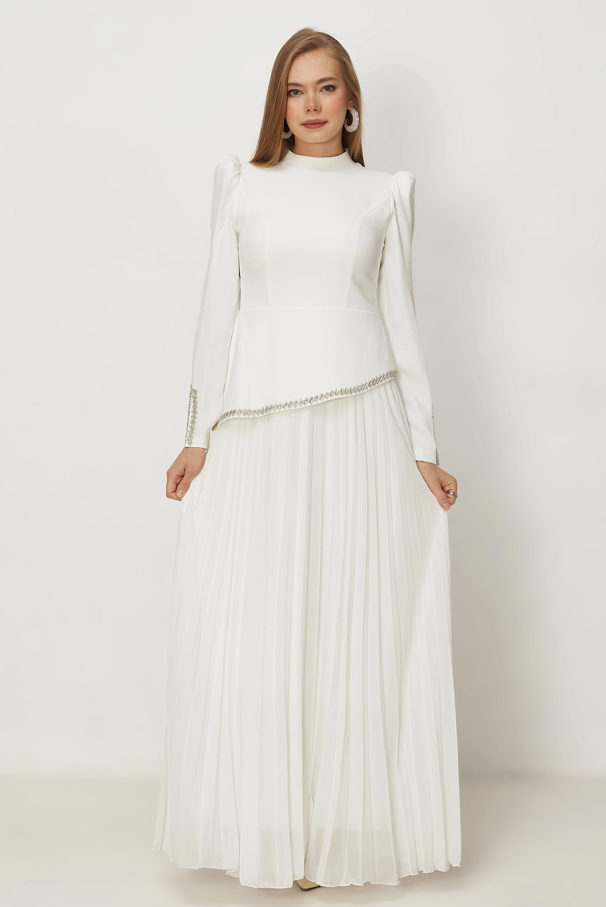 Hijab-Kleidung WEISS ABENDKLEID MIT EDELSTEINDETAILS 50558