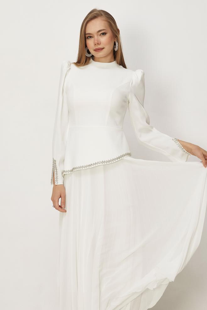 Hijab-Kleidung WEISS ABENDKLEID MIT EDELSTEINDETAILS 50558 - ALVİNA