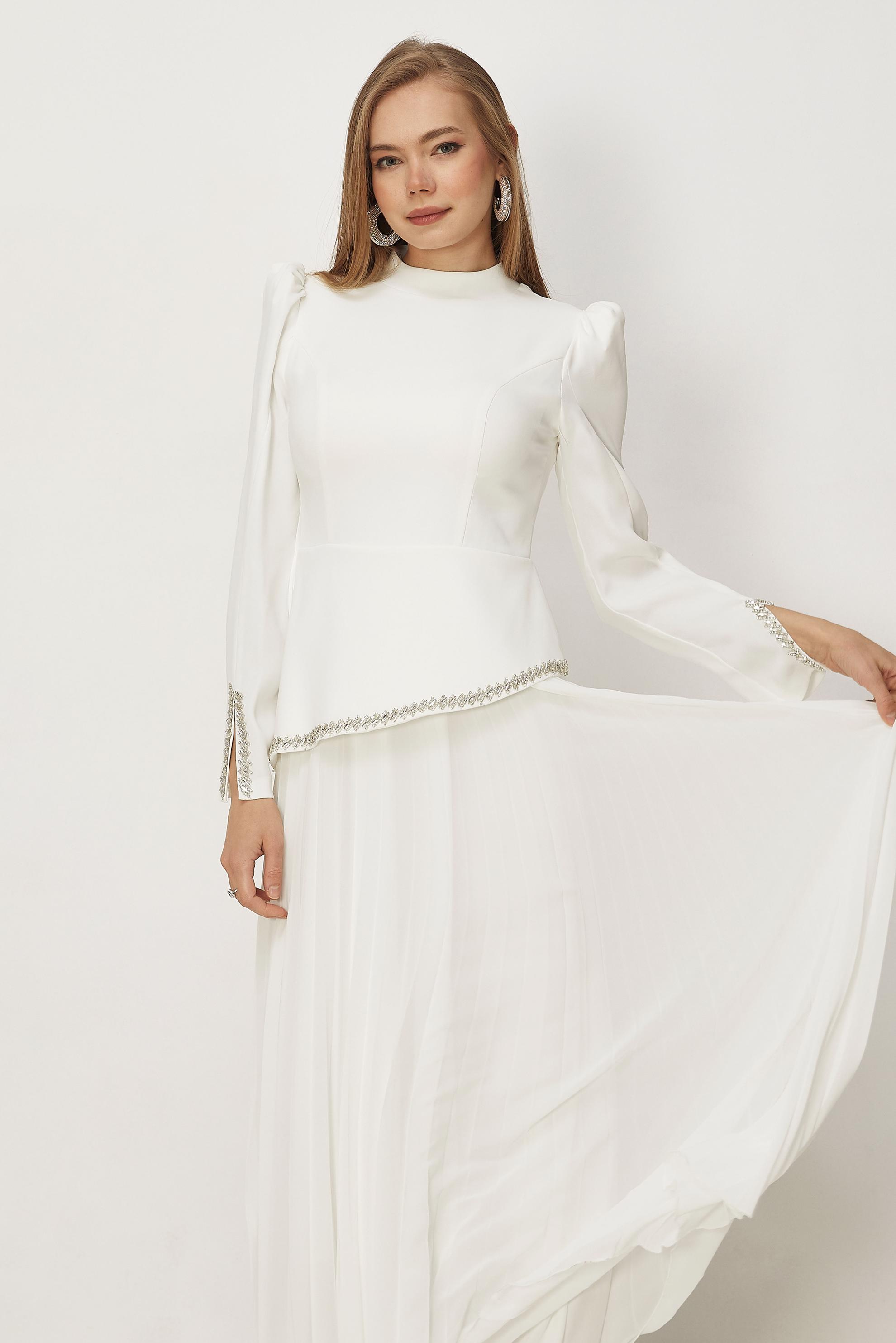 Hijab-Kleidung WEISS ABENDKLEID MIT EDELSTEINDETAILS 50558