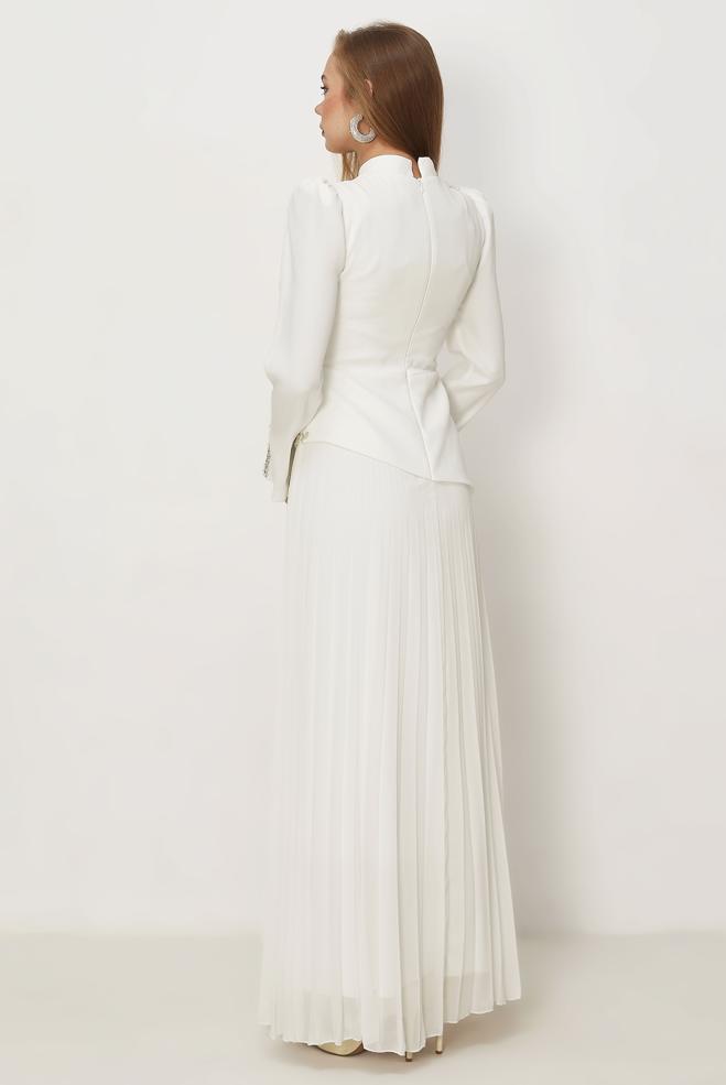 Hijab-Kleidung WEISS ABENDKLEID MIT EDELSTEINDETAILS 50558 - ALVİNA