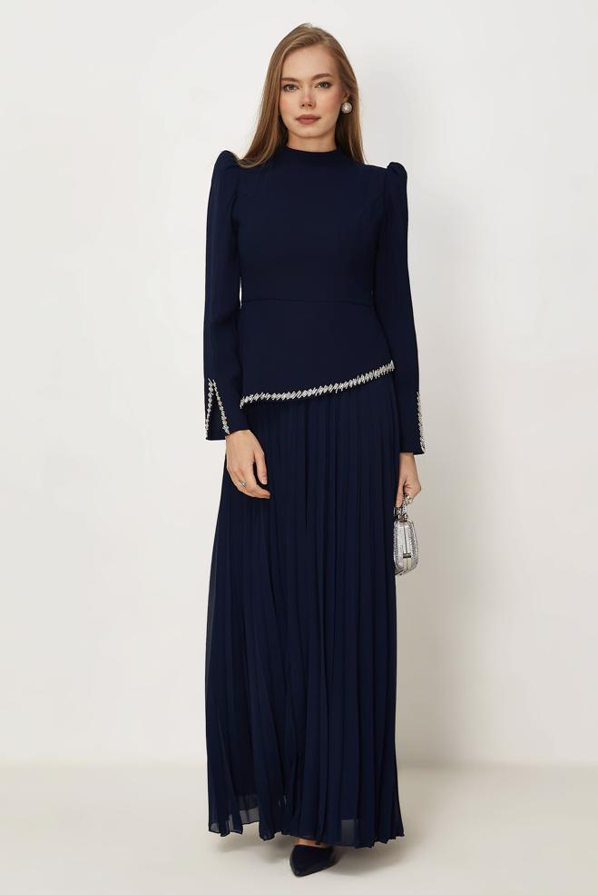 Hijab-Kleidung NAVY BLAU ABENDKLEID MIT EDELSTEINDETAILS 50558 - ALVİNA