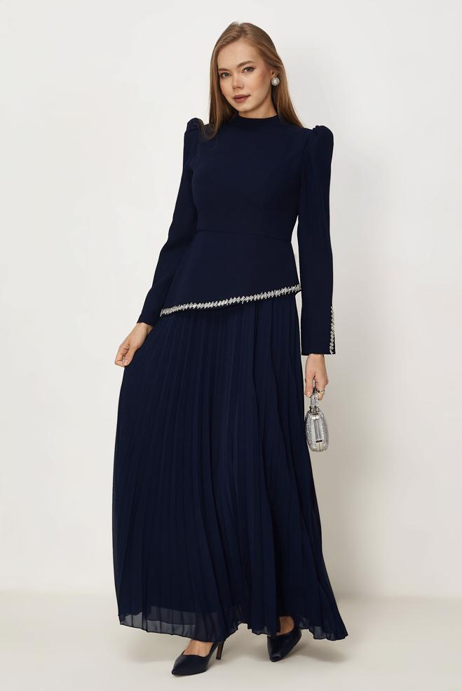 Hijab-Kleidung NAVY BLAU ABENDKLEID MIT EDELSTEINDETAILS 50558 - ALVİNA