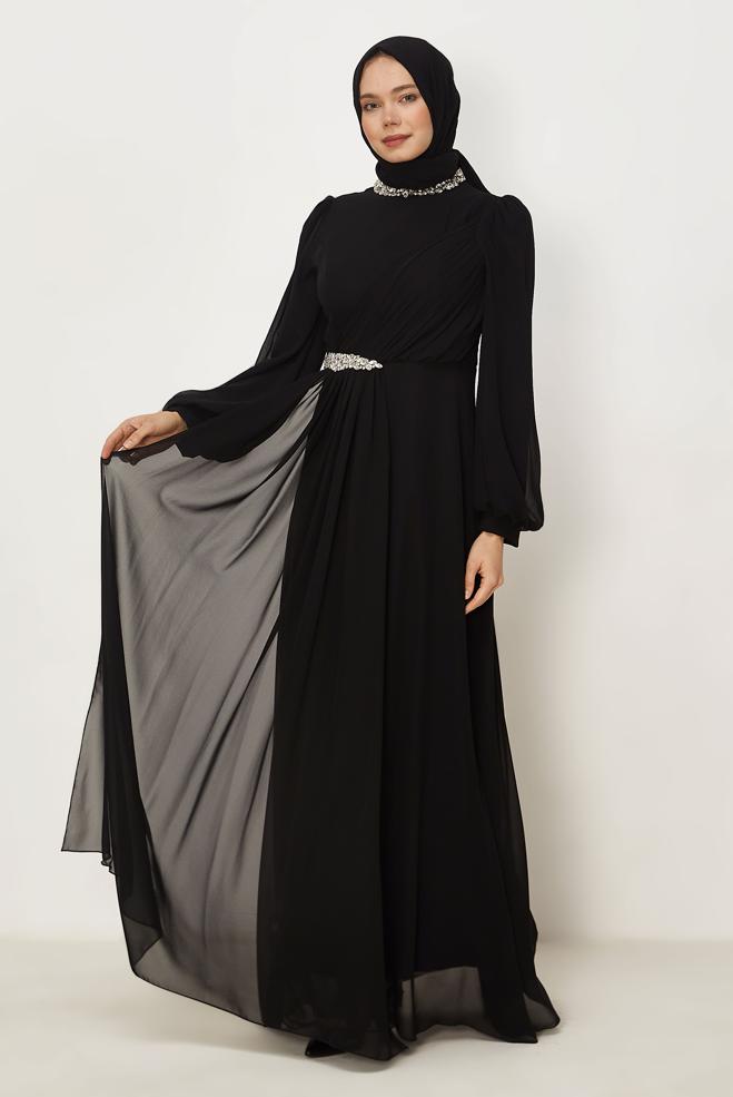 Vêtements hijab NOIR ROBE DE SOIRÉE EN CHIFFON 50560 - ALVİNA
