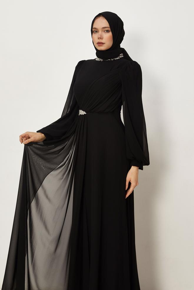Vêtements hijab NOIR ROBE DE SOIRÉE EN CHIFFON 50560 - ALVİNA