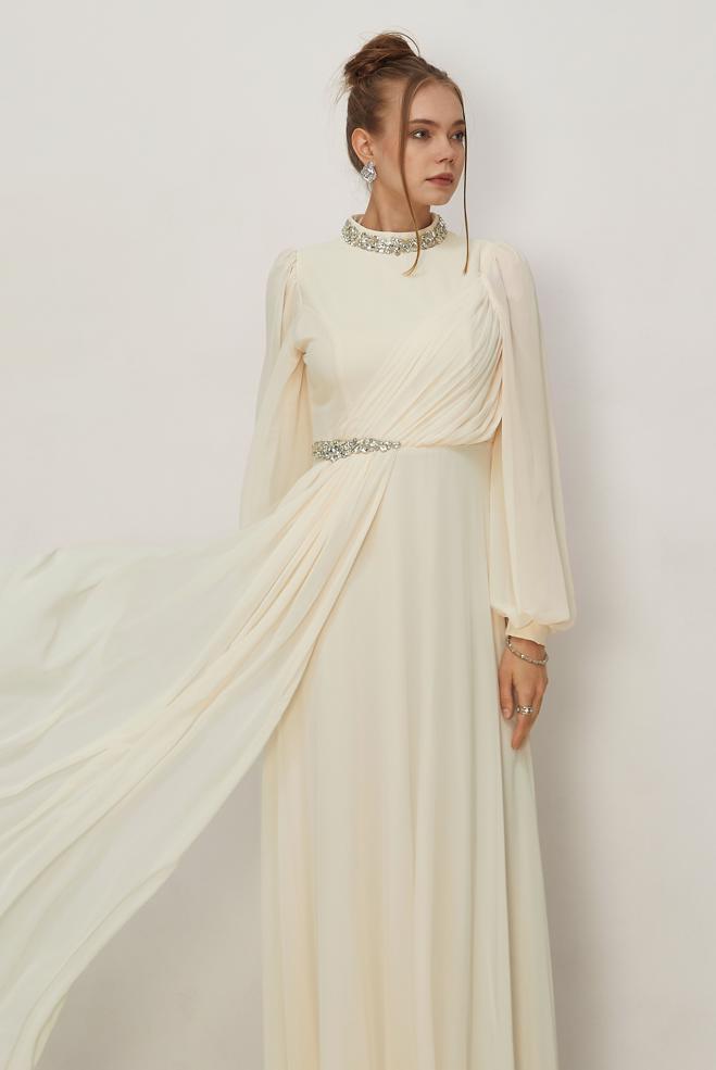 Vêtements hijab BEIGE ROBE DE SOIRÉE EN CHIFFON 50560 - ALVİNA