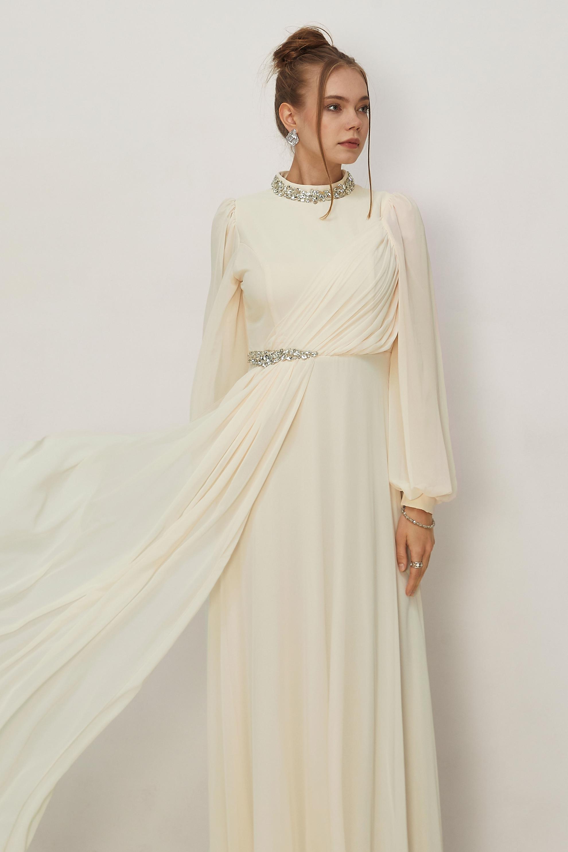 Hijab clothing BEIGE CHIFFON EVENING DRESS 50560