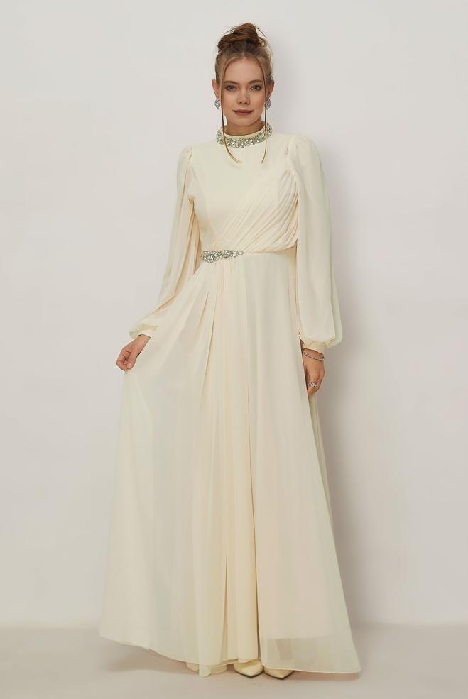 Vêtements hijab BEIGE ROBE DE SOIRÉE EN CHIFFON 50560 - ALVİNA