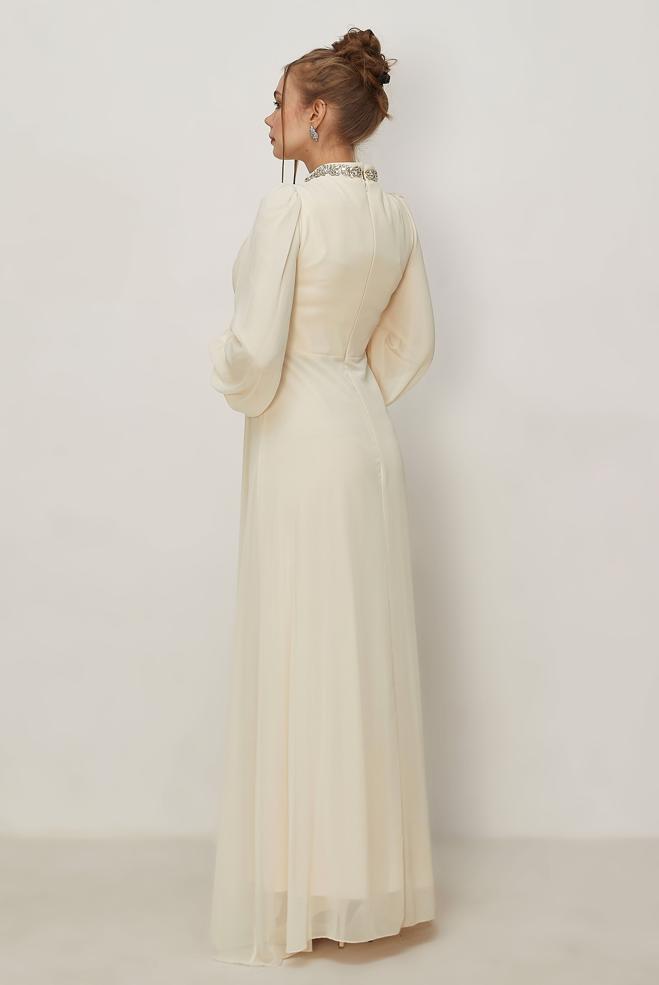 Vêtements hijab BEIGE ROBE DE SOIRÉE EN CHIFFON 50560 - ALVİNA