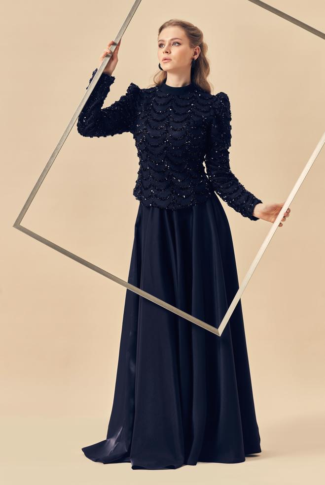 Hijab-Kleidung NAVY BLAU PAILLETTEN BESTICKTES ABEND ROCK-SET 50561 - ALVİNA