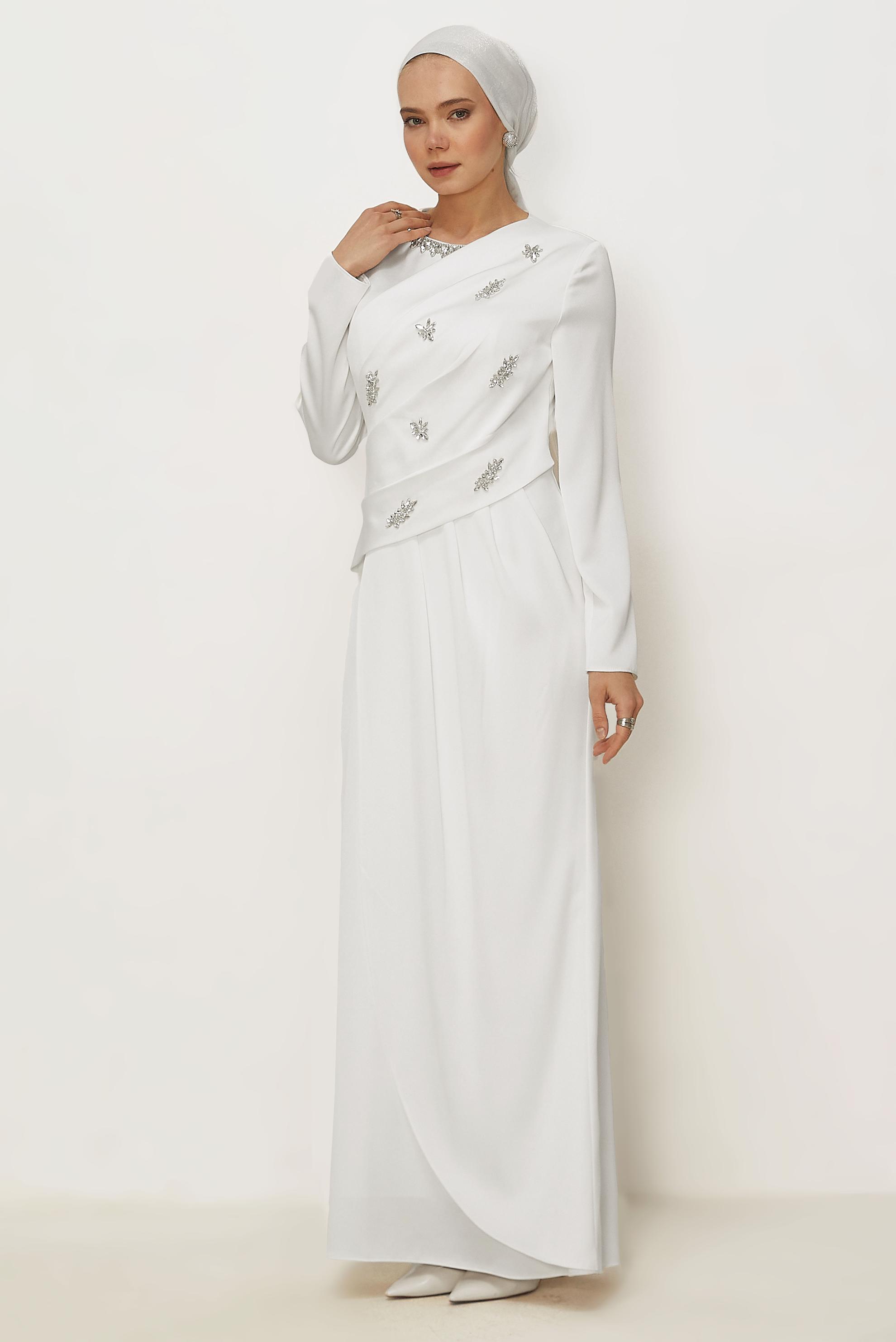 Hijab clothing WHITE GEM DETAILED SATIN DRESS 50562