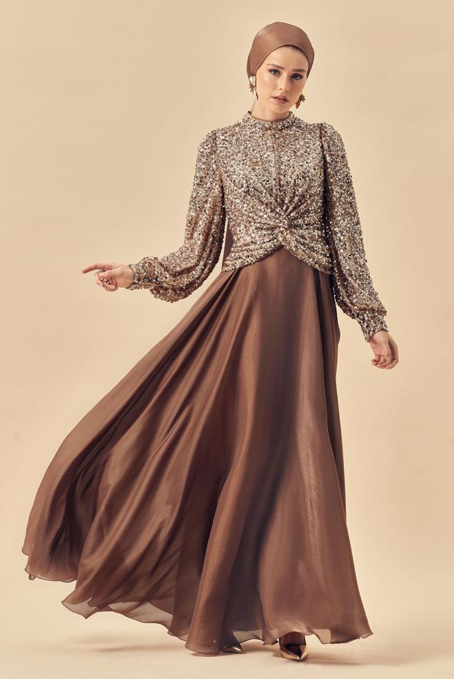 Tesettür giyim BEJ 50567 PAYET DES.26 ABİYE ELBİSE 38-44 TEK 40 - ALVİNA