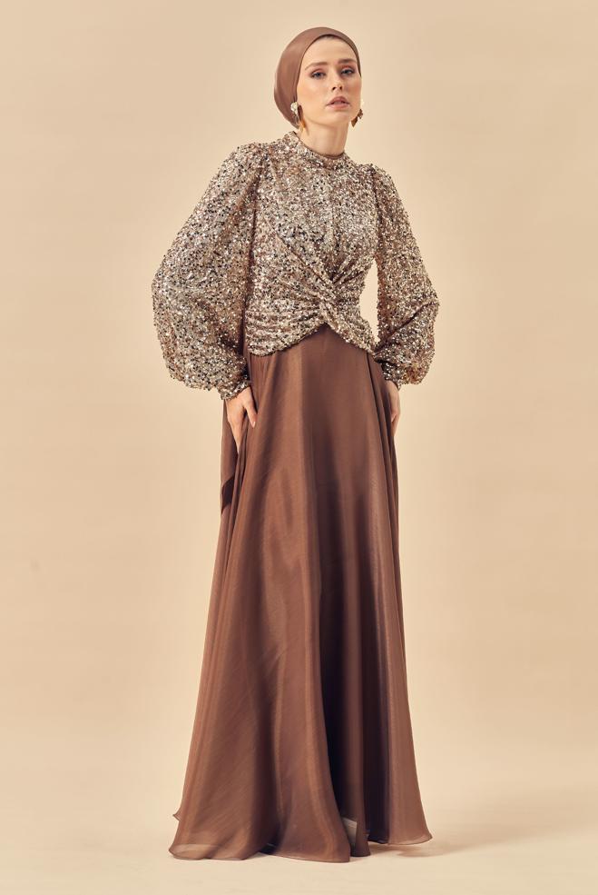 Tesettür giyim BEJ 50567 PAYET DES.26 ABİYE ELBİSE 38-44 TEK 40 - ALVİNA