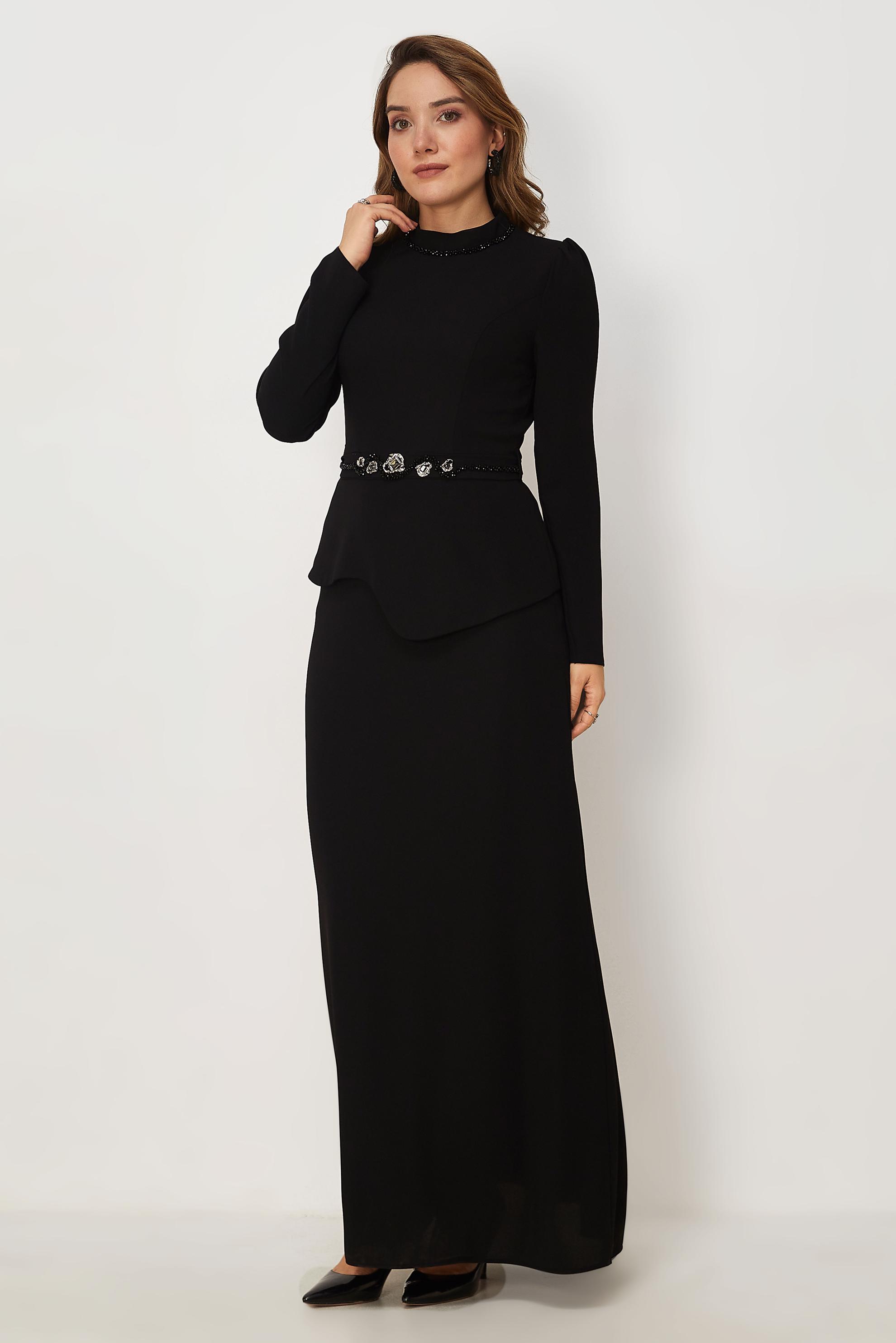 Tesettür giyim SİYAH KEMER DETAYLI ABİYE ELBİSE 50569