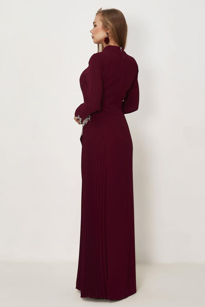 Hijab-Kleidung BURGUND ABENDKLEID MIT EDELSTEIN DETAILS 50542 - ALVİNA