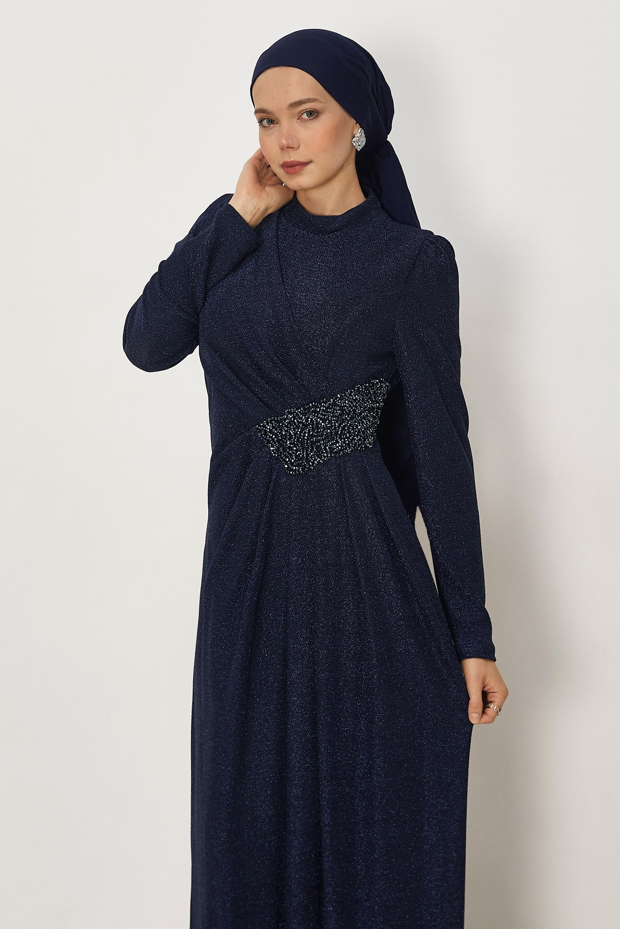 Vêtements hijab BLEU MARINE ROBE DE SOIRÉE BRODÉE DE PERLES 50535
