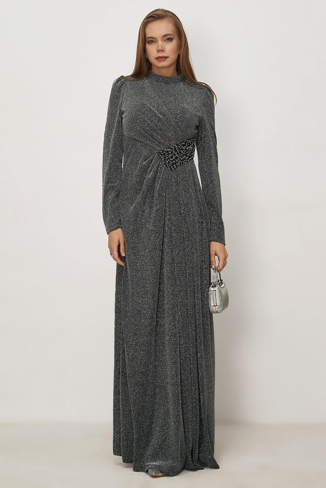 Vêtements hijab NOIR ROBE DE SOIRÉE BRODÉE DE PERLES 50535 - ALVİNA