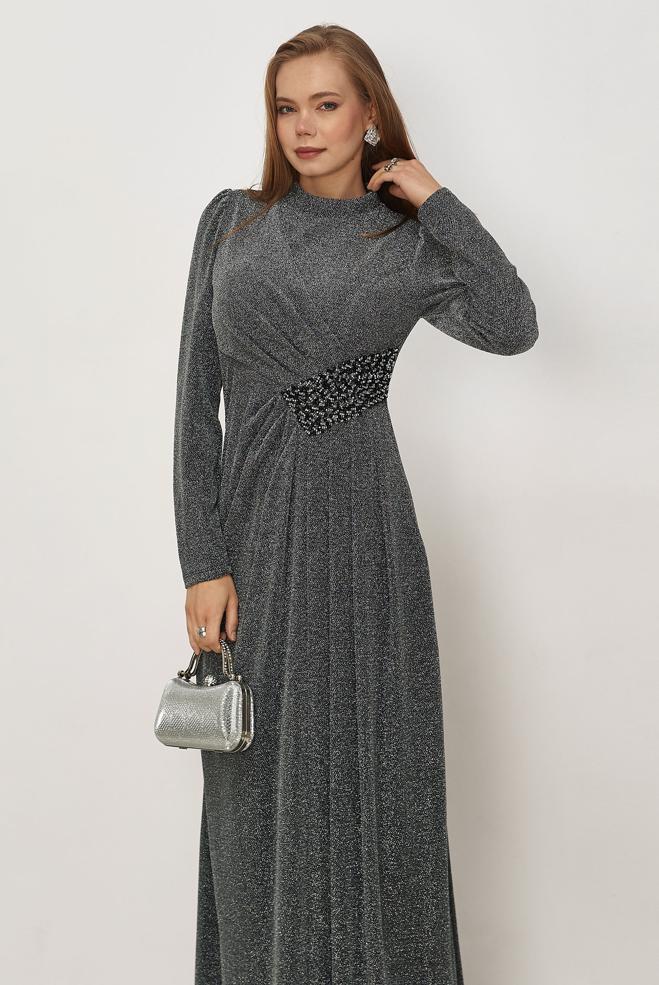 Vêtements hijab NOIR ROBE DE SOIRÉE BRODÉE DE PERLES 50535 - ALVİNA