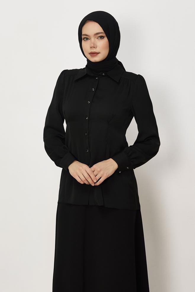 Hijab-Kleidung SCHWARZ BLUSE MIT HEMDKRAGEN 45376 - ALVİNA