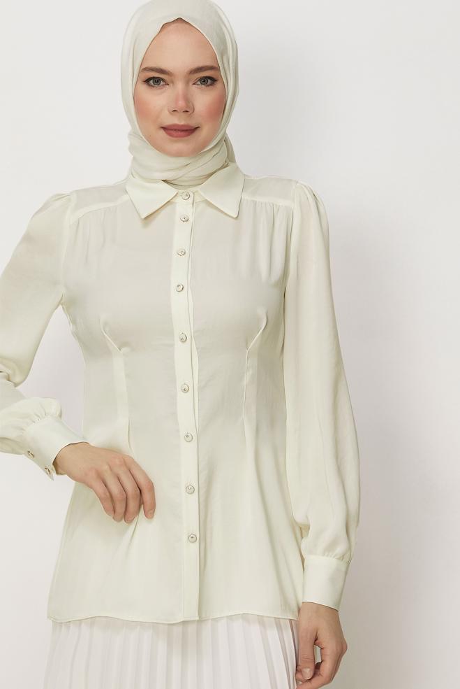 Hijab-Kleidung WEISS BLUSE MIT HEMDKRAGEN 45376 - ALVİNA