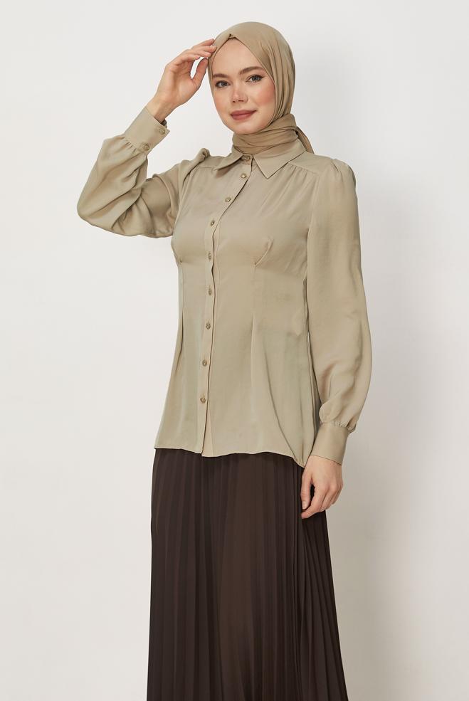 Hijab-Kleidung SAND BLUSE MIT HEMDKRAGEN 45376 - ALVİNA