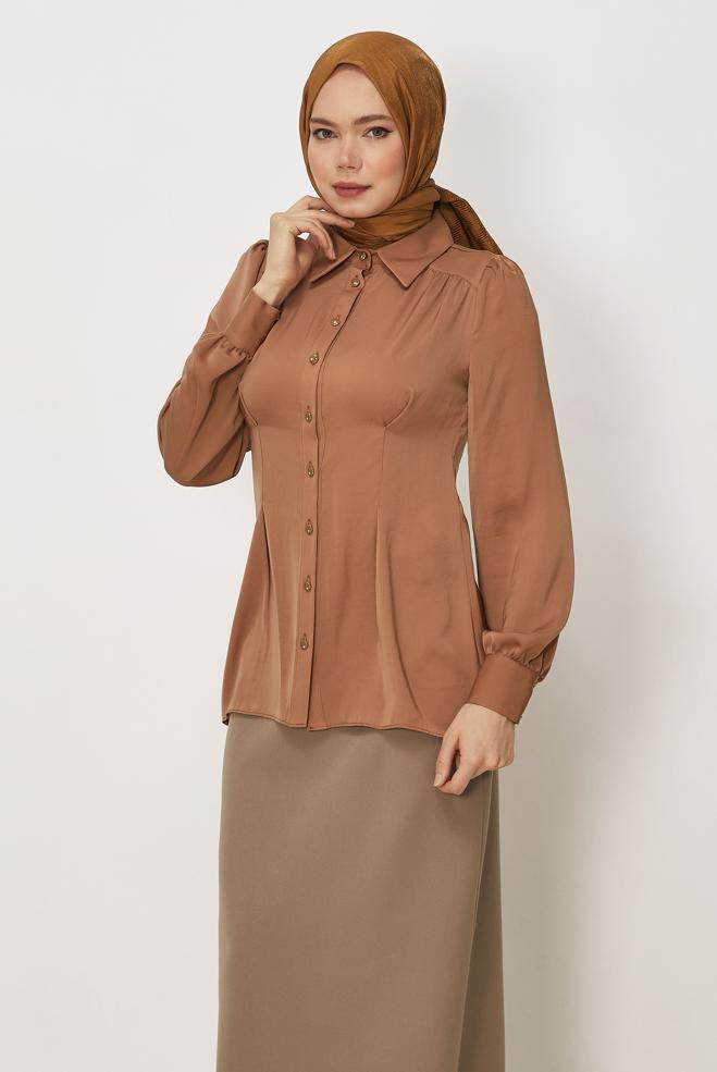 Hijab-Kleidung BRAUN BLUSE MIT HEMDKRAGEN 45376 - ALVİNA