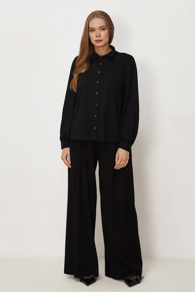 Hijab-Kleidung SCHWARZ BLUSE MIT HEMDKRAGEN 46441 - ALVİNA