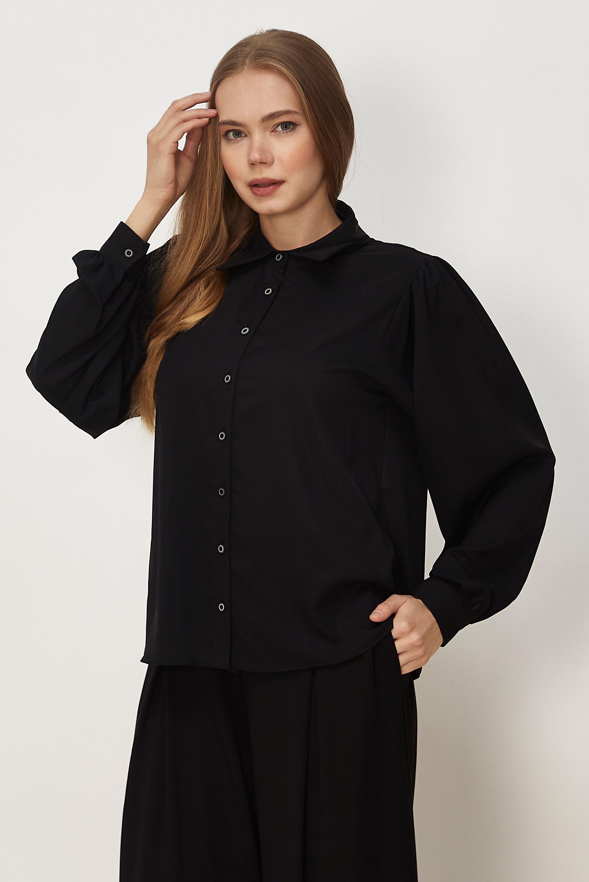 Hijab-Kleidung SCHWARZ BLUSE MIT HEMDKRAGEN 46441