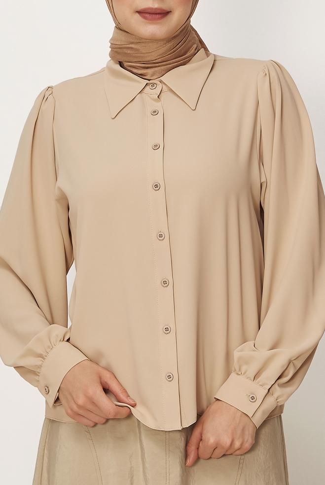 Hijab-Kleidung BEIGE BLUSE MIT HEMDKRAGEN 46441 - ALVİNA