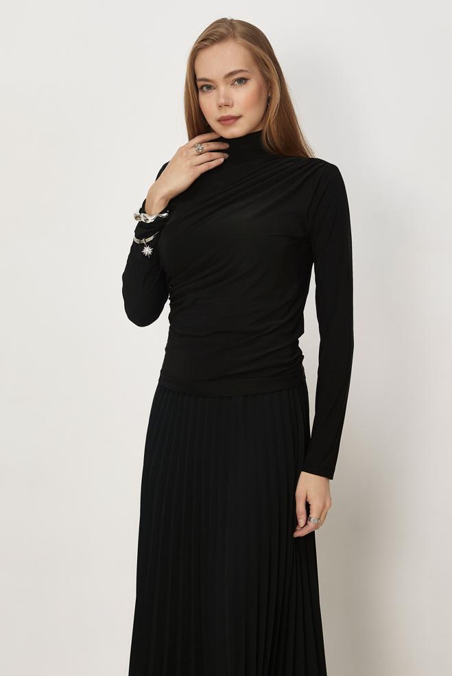 Hijab-Kleidung SCHWARZ DRAPIERTE BLUSE 46467 - ALVİNA