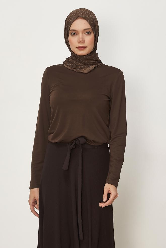 Tesettür giyim KAHVE BİSİKLET YAKA BLUZ 46496 - ALVİNA