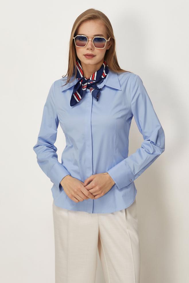 Hijab-Kleidung BLAU BLUSE AUS SATIN MIT HEMDKRAGEN 46529 - ALVİNA