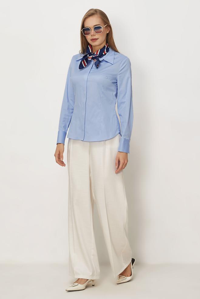 Hijab-Kleidung BLAU BLUSE AUS SATIN MIT HEMDKRAGEN 46529 - ALVİNA